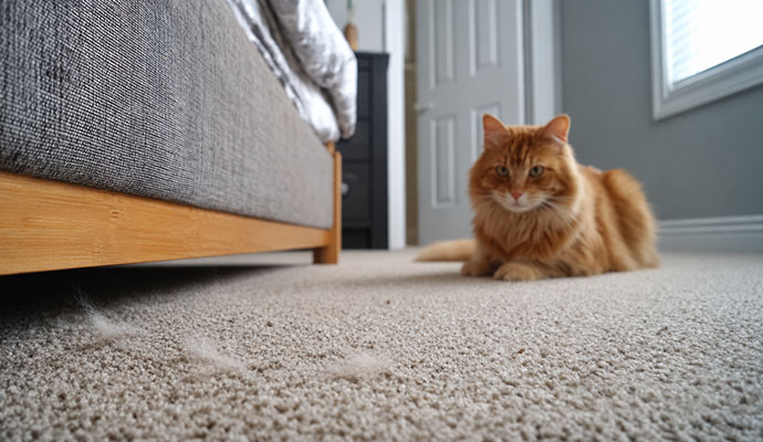 Cat shedding fur and dander on a bedroom carpet.