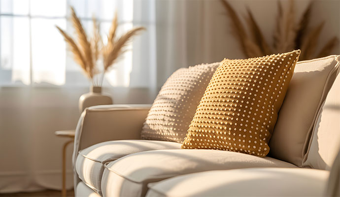 Freshly cleaned light sofa with textured throw pillows