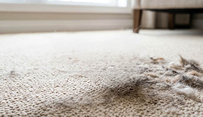 Damaged carpet with stain on it