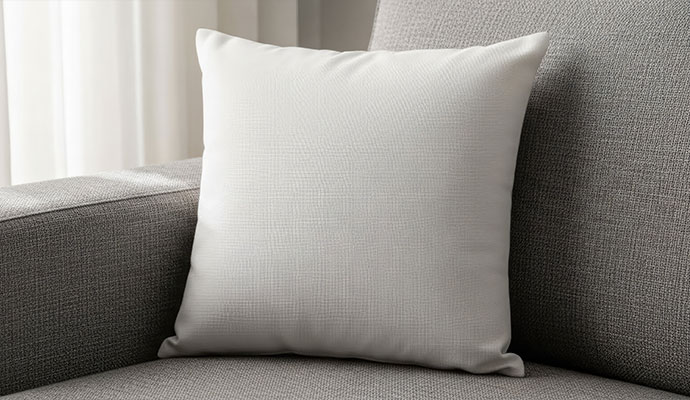 Freshly cleaned white throw pillow on a grey upholstered couch