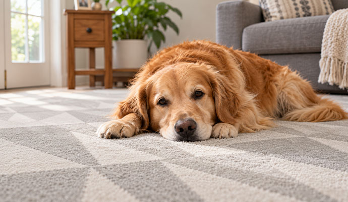 Golden retriever dog resting on clean residential living room carpet.