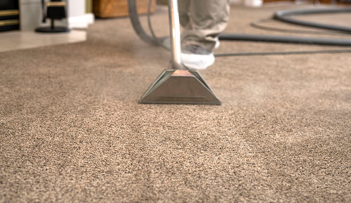 Low-moisture steam cleaning wand operating on carpet fibers.