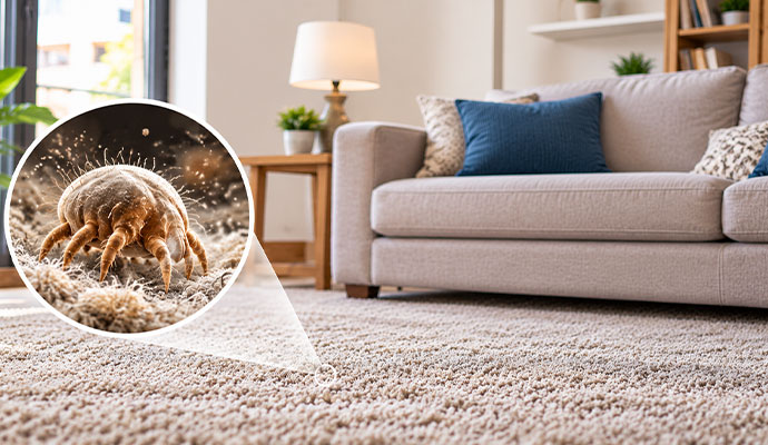 Microscopic dust mite allergens living in residential carpet fibers.