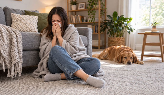 Woman sneezing on carpet due to allergies and airborne irritants.