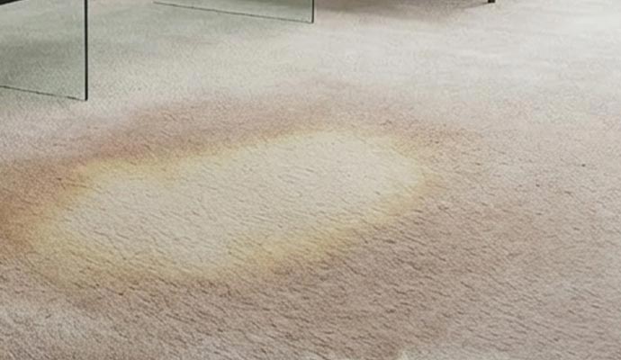 A large yellowish-brown stain on a light-colored residential carpet requiring professional removal