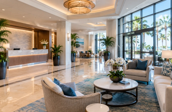 Clean modern commercial hotel lobby with wooden reception desk, elegant lighting and polished interior design