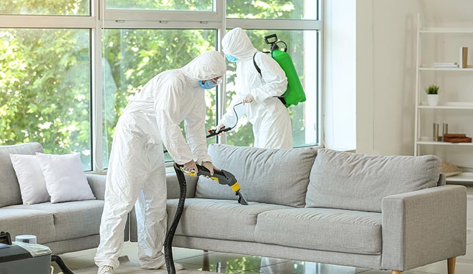Two technicians in hazmat suits cleaning and disinfecting upholstery furniture in a home