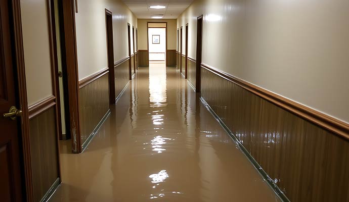 A long office hallway with brown floodwater covering the floor after a major storm