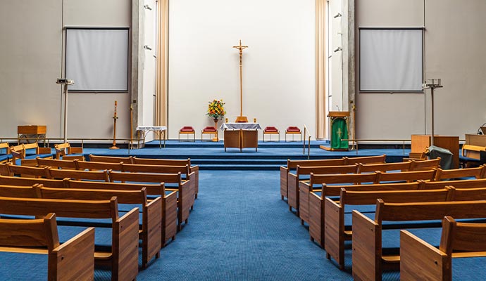 Clean blue carpet inside a church