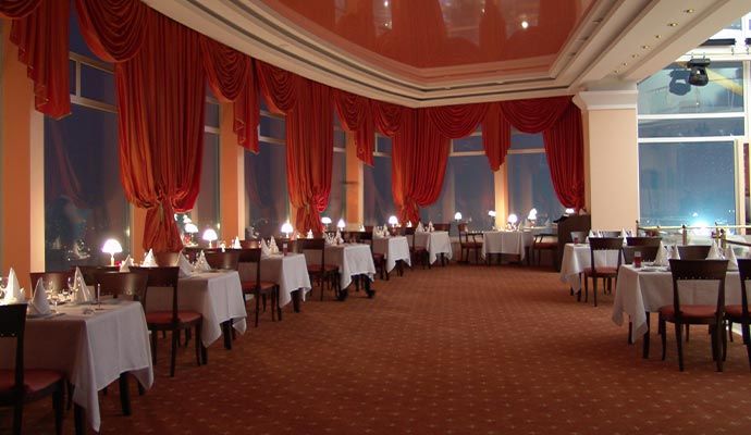 Restaurant interior with clean red drapery