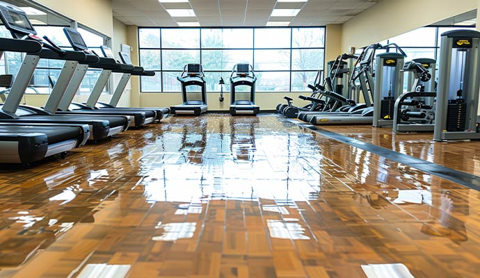 Water damaged floor of a fitness center