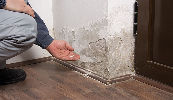 Crumbling water damaged wall corner