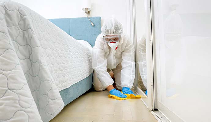 A professional disinfecting bedroom floor