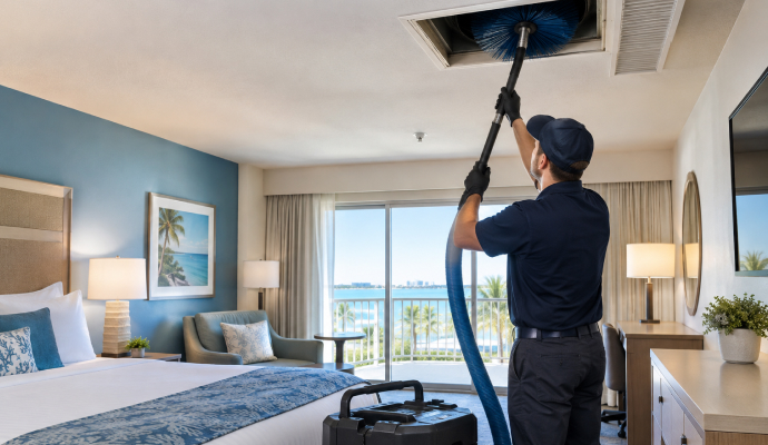 Professional air duct cleaning service in a hotel room