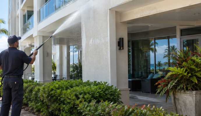 An expert cleaning hotel exterior using pressure washing