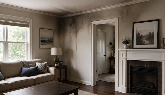 Fire-damaged living room with smoke and soot stains on walls and ceiling.