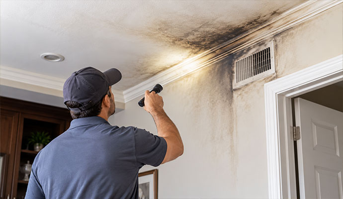 Inspector checking smoke and soot damage around a ceiling air vent with a flashlight.