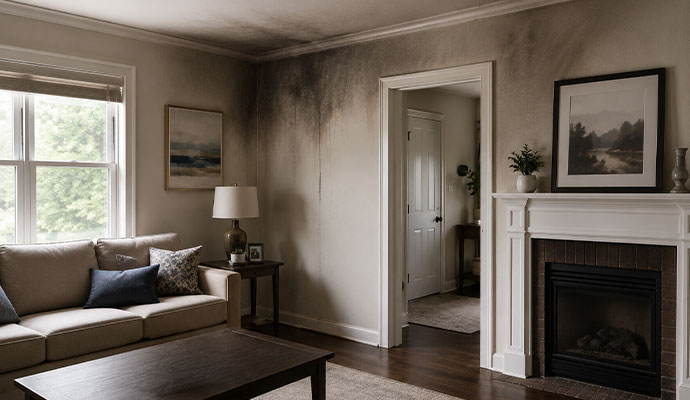 Smoke and soot stains on living room walls and ceiling after a fire.