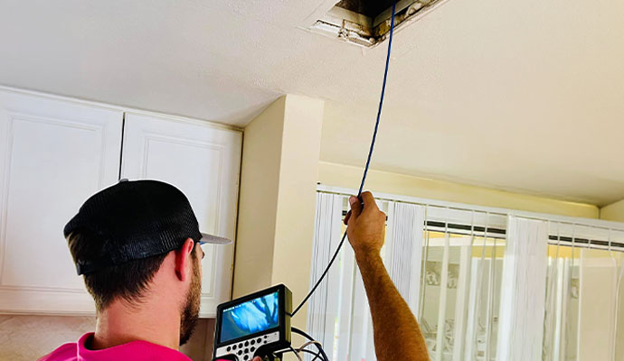 Technician inspecting duct system with a digital camera probe.