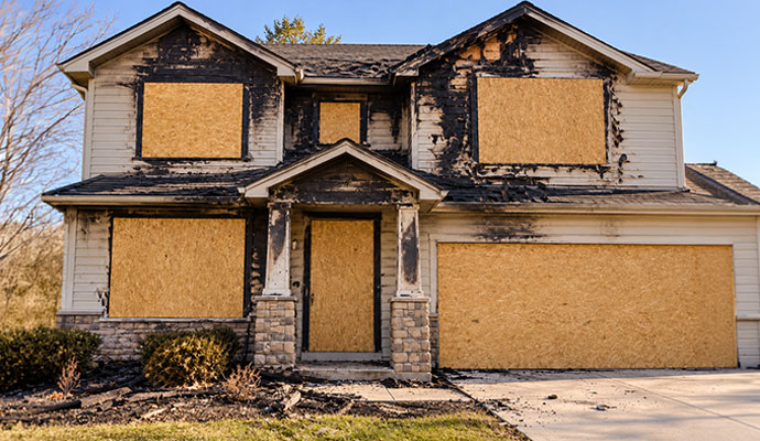 Two-story fire-damaged house secured with plywood board-up.