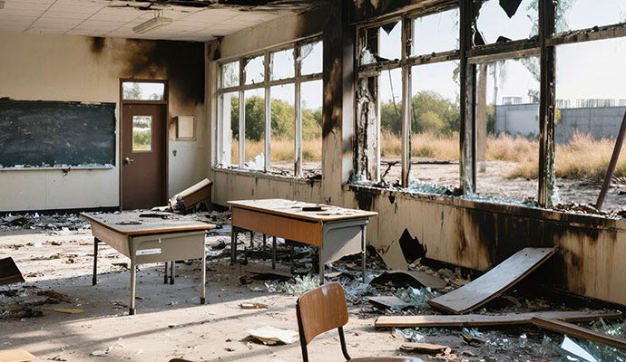 Classroom interior with severe fire damage broken windows soot and debris throughout the educational space