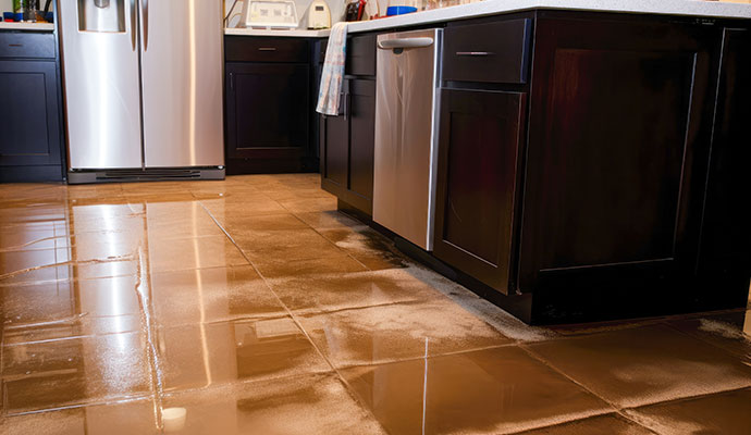 Flooded kitchen floor with standing water