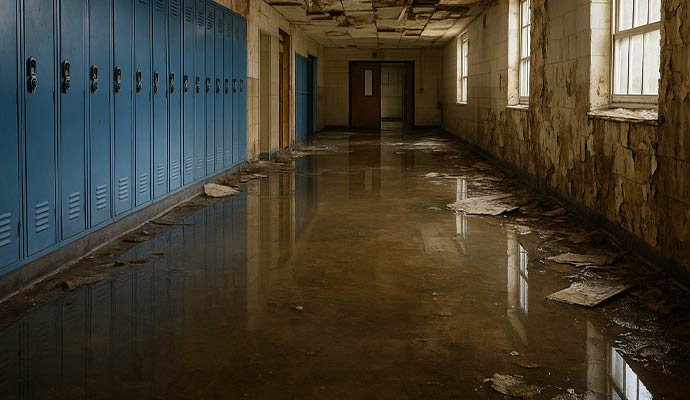 School hallway with standing water damaged ceilings and debris after severe indoor flooding incident