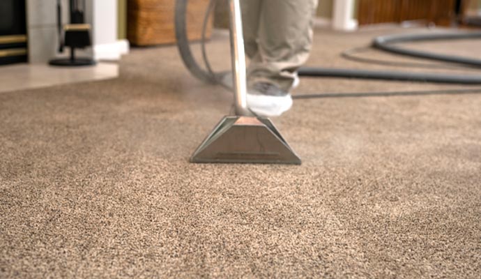 Close-up of a professional steam cleaning wand performing hot water extraction on brown residential carpet
