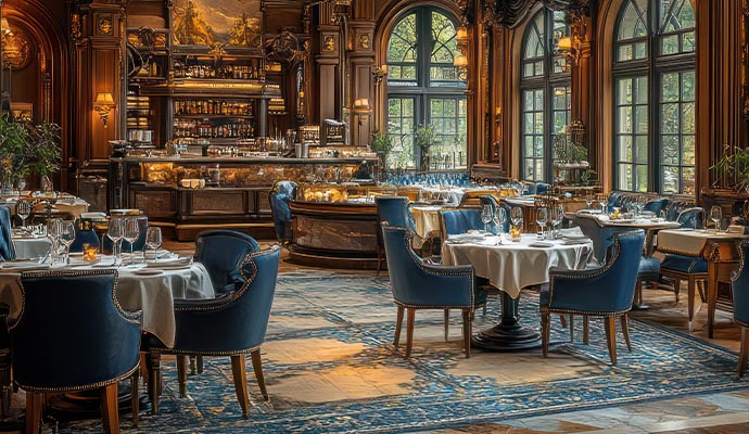 Elegant fine dining room with ornate woodwork and blue velvet chairs on a large patterned area rug