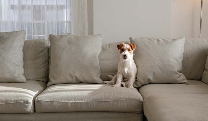 Small dog sitting on a clean beige fabric sectional couch