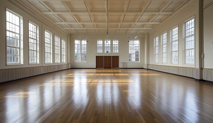 Spacious interior hall with polished hardwood flooring natural lighting and clean finished wood surfaces