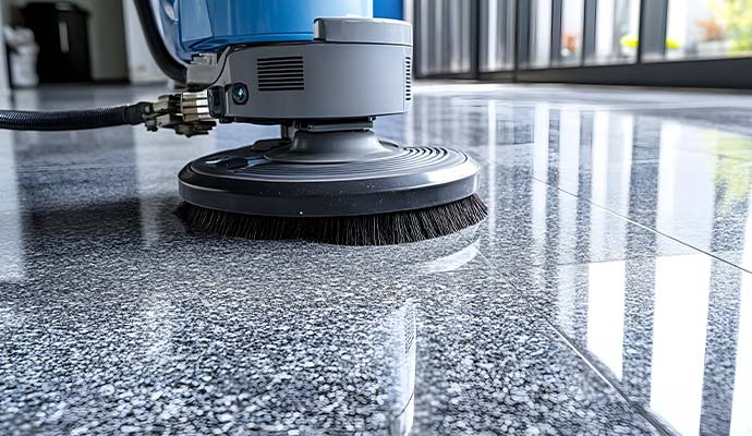 Rotary floor machine scrubbing and polishing a glossy granite stone floor