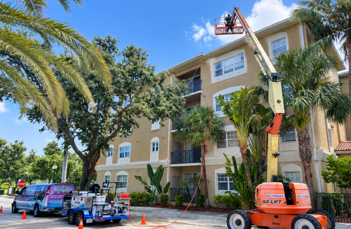 Professional pressure washing service for an exterior building