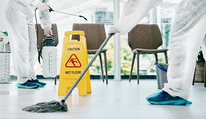 Professionals in hazmat suits mopping and spraying disinfectant on a floor near a wet floor sign during remediation