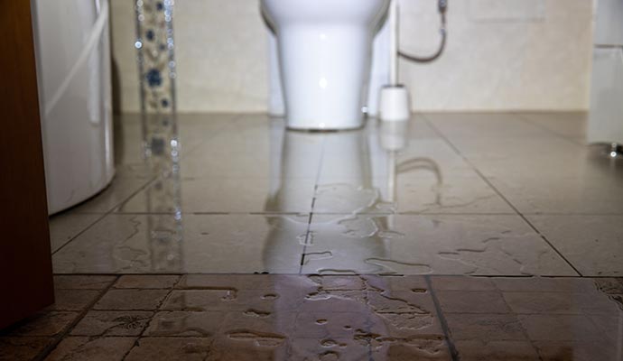 Water pooled on a tiled bathroom floor, suggesting a leak from the toilet or nearby plumbing