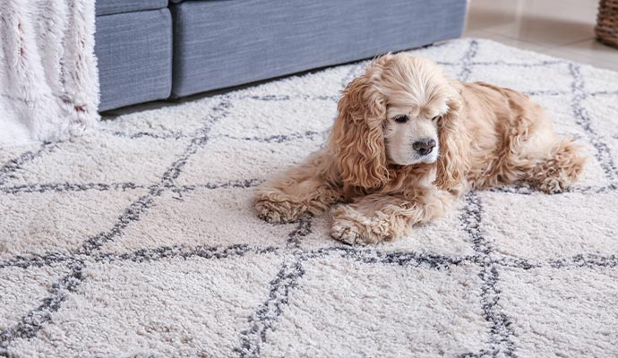 A pet dog is sitting on a rug
