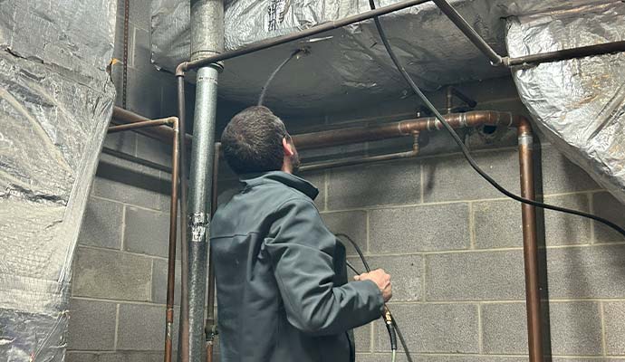 Technician applying sanitizing spray treatment inside HVAC ductwork