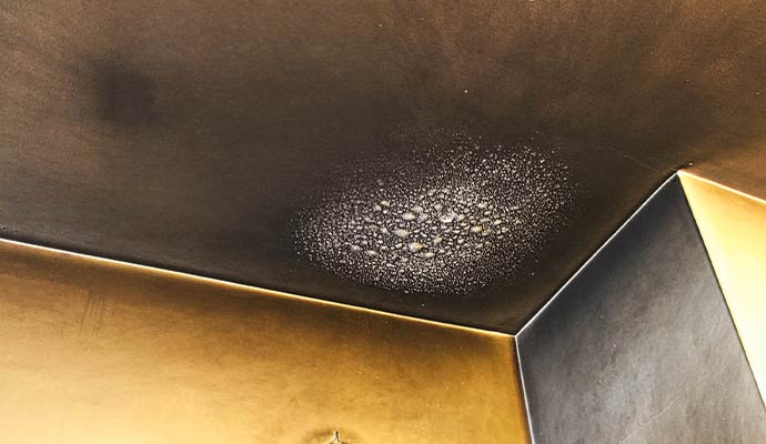 Severe black soot and smoke stains on a ceiling and wall corner after a house fire