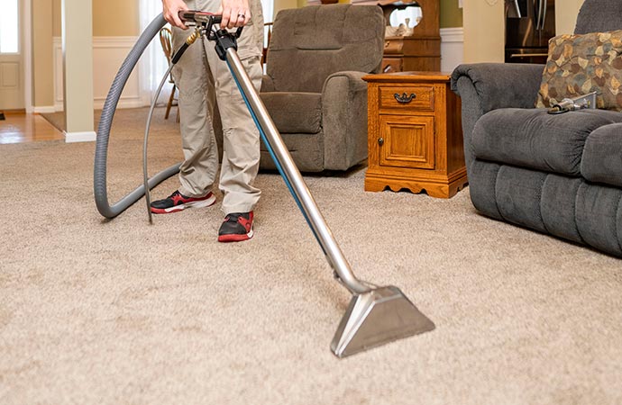 Professional worker cleaning stain from carpet