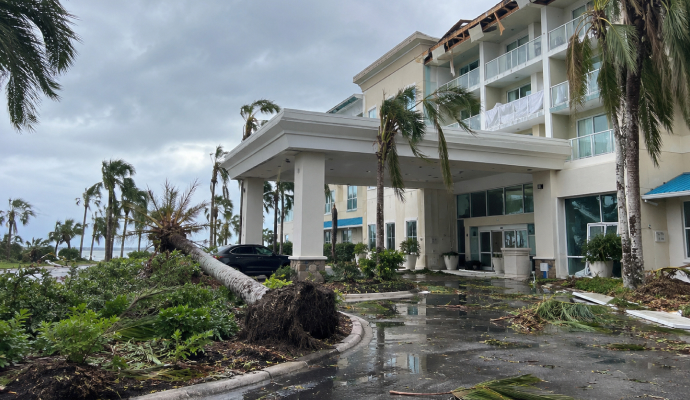 Storm damaged hotel exterior