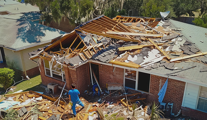 Storm damaged house with collapsed roof