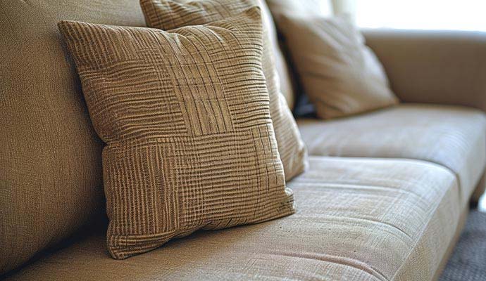 Textured woven throw pillow on a fabric upholstered sofa