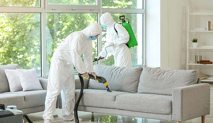 Technicians in protective suits sanitizing and deep cleaning upholstered furniture