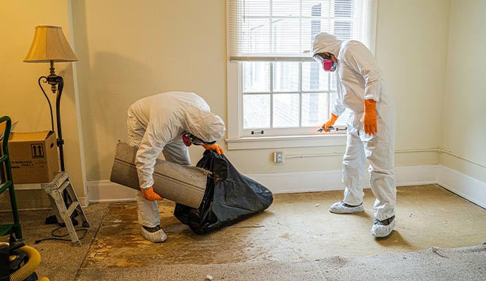 Two technicians in full white hazmat suits removing contaminated carpet material from a room