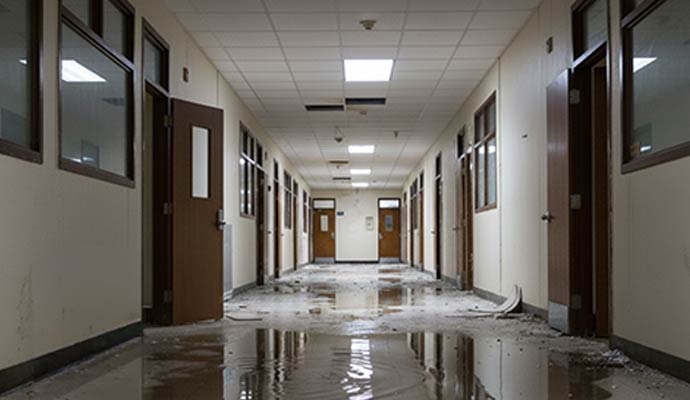 Commercial hallway with standing water debris and visible indoor water damage after flooding incident