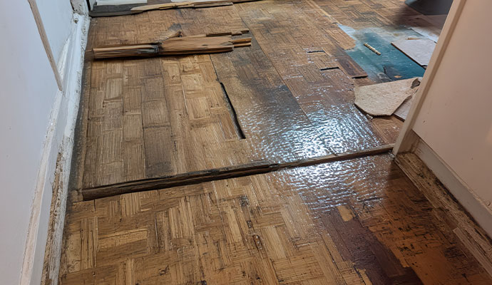 Water damaged parquet flooring
