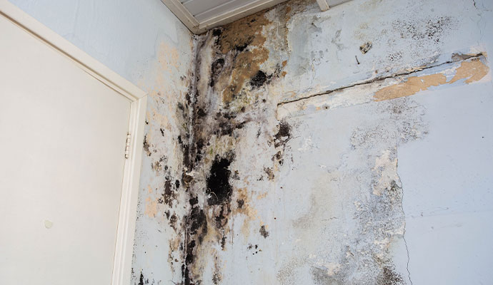 Black mold growth and water damage stains on drywall and ceiling corner.