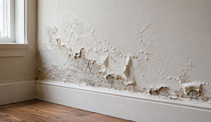 Bubbling and peeling paint on water-damaged drywall near a baseboard.