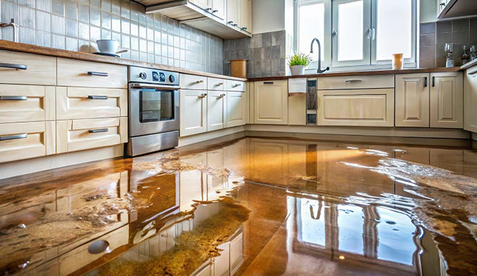 Flooded kitchen floor with standing water.