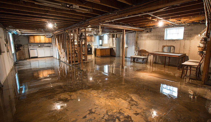 Flooded residential basement with standing water on the floor.